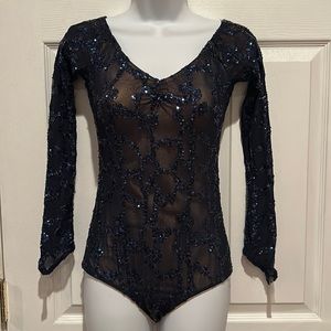 Kelle Teen Blue Long Sleeve Sequined Dance Leotard